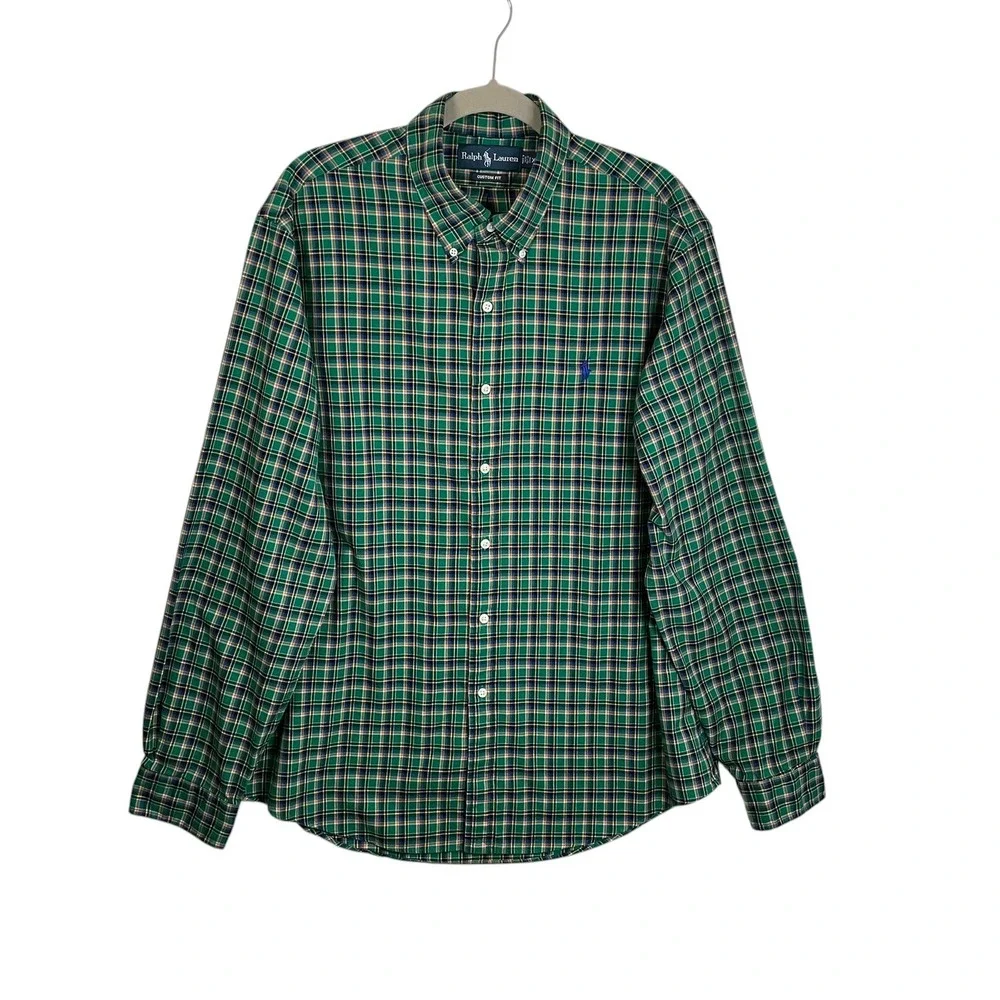 Polo Ralph Lauren Mens XL Custom Fit‎ Green Plaid Button Down Long Sleeve Shirt
